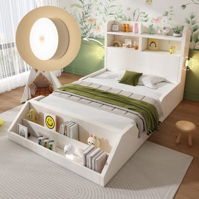 Wishdor Eenpersoonsbed 90x200 cm - Hoofdbord met opbergvakken & nachtlampjes - Afneembare boekenplank - Hout - Wit - Slimme peuterkamer oplossing