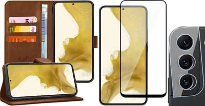 Hoesje geschikt voor Samsung Galaxy S22 Plus - Book Case Kunstleer Wallet Cover Portemonnee Pasjeshouder Hoes Bruin - Full Tempered Glass Screenprotector - Camera Lens Protector
