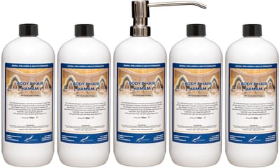 Body & Hair Hamam 1 liter met RVS zilverkleurige pomp - set van 5 stuks - 2 in 1 voor lichaam en haar - voordeelverpakking
