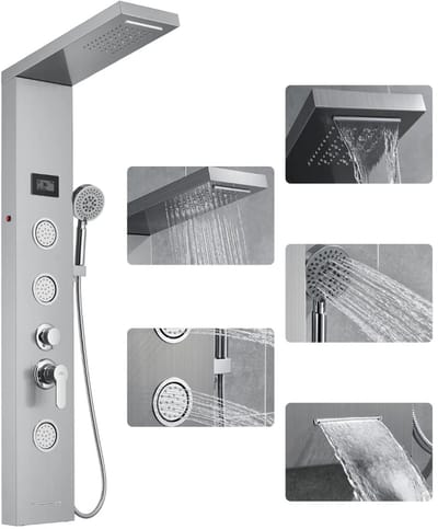 Auralum Max Douchepaneel - LED Systeem - 5 in 1 Douchekolom Regendouche - Digitaal Display - Waterval Douche - Massage Spa Jets - Doucheset Combinatie Set - RVS - Zilver