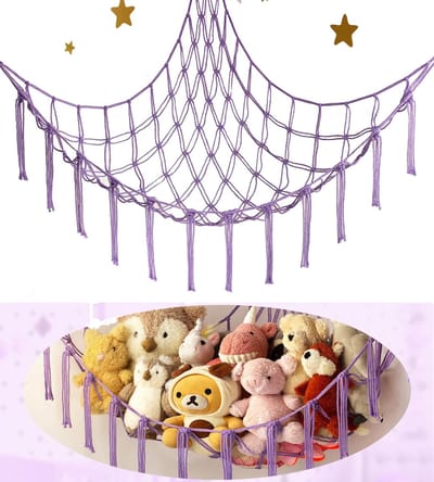 Speelgoedhangma - Knuffelopbergnet - Wandhangnet - Kinderkameraccessoire - Ruimtebesparend, eenvoudig op te hangen, decoratief - Katoendraad - 140×100×100 cm - Geschikt voor pluisdieren en kinderkamerinrichting - Paars