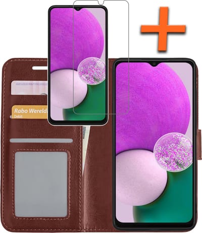 Hoes - Met Screenprotector - Geschikt voor Samsung Galaxy A13 5G - Luxe Pasjeshouder - Bookcase Portemonee - Flip Case - Kunstleer Book Case - Flipcase - Book Cover - Walletcase - PortemonneeHoes - Bruin