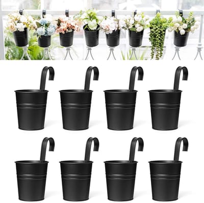 Hangende Metalen Bloempotten – Set van 8 – Met Afneembare Haak – Voor Balkon, Balustrade & Interieur – Zwart – Ø 10 cm