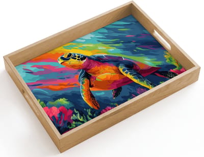Dienblad hout 40x30 cm - Schootdienblad - Koraal - Schildpad - Abstract - Water - Borrelplank rechthoek - Plateau dienbladen