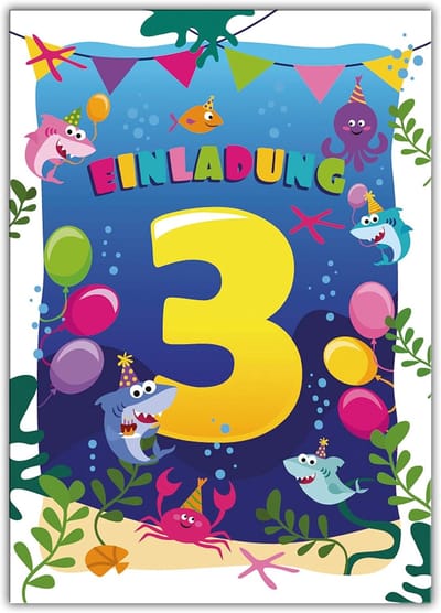 Uitnodigingskaarten Verjaardag - Feestkaarten Kinderen - Derde Verjaardag Vieren - Leuk Haai Thema - 14.8 x 10.5 cm