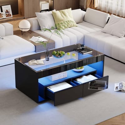 Pugsdrly Moderne salontafel met 16-kleuren LED-verlichting, rechthoekige salontafel met 2 grote laden, ruime glazen salontafel, dubbellaags ontwerp, hoogglans afwerking, grote salontafel, zwart