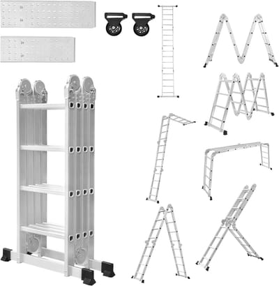 6-in-1 Multifunctionele Ladder, 470cm Aluminium ladder, 4x4 Traps Bouwsteiger, Veiligheidsladder incl. Iinklapbare Staande Ladder, 2 Afneembaar Werkplatform en 2 Wielen, Rolladders voor Thuis, NAIZY