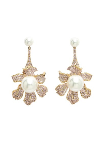 AVANT-GARDE PARIS Diva Cubic Zirconia oorbellen - Blooming Pearl Floral - 1 paar - Roze goud met parels