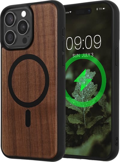 kwmobile Hoesje voor Apple iPhone 15 Pro Max Smartphonehoesje – Cover van hout en TPU – Compatibel met MagSafe – Case in donkerbruin / zwart