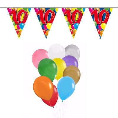 Folat Verjaardag 10 jaar feestartikelen set - 50x ballonnen - 2x leeftijd print vlaggenlijnen
