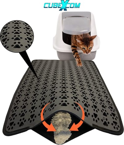 CUBEXCOM® Kattenbakmat XXL, 75 x 60cm, Kattenbakmat Grit Opvanger, Kattenbakonderlegger, Dubbellaags, Urine En Waterdicht EVA-Materiaal, Kattenpootdesign, Beschermt Vloer En Tapijt, Gemakkelijk Te Reinigen, Groot Formaat, Grijs