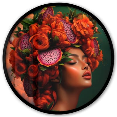 Poster in lijst Rond - Fotolijst 40x40 cm - Posters - Vrouw - Drankenfruit - Rozen - Ronde posterlijst zwart - Decoratie - Wanddecoratie woonkamer - Muurdecoratie slaapkamer