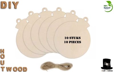 Bob Online ™ - 10 Stuks – Houten Kerstbal Vormen 10cm – Kerstballen Voor ambachten, Slingers, Kerst Decoratie – Wooden Christmas Ball Shapes – DIY Houten Kerstballen Onafgewerkt – Laser Gesneden Kerstbal Vormen + 10 Stuks Jute Koord