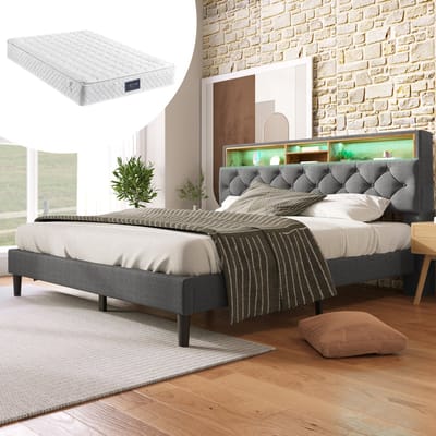 STILVORA Gestoffeerd bed 140x200 cm – Tweepersoonsbed met LED & Opberg-Hoofdeinde – Inclusief massiefhouten lattenbodem – Massief hout – Grijs – Met matras