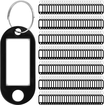 Dailygoods- Sleutelhanger 200 Stuks - Zwarte Sleutelhangers met Labels - Plastic Sleutelhanger met Etiketten - Splitring - Duurzaam Materiaal - Beschrijfbaar Papier - Labelhouder