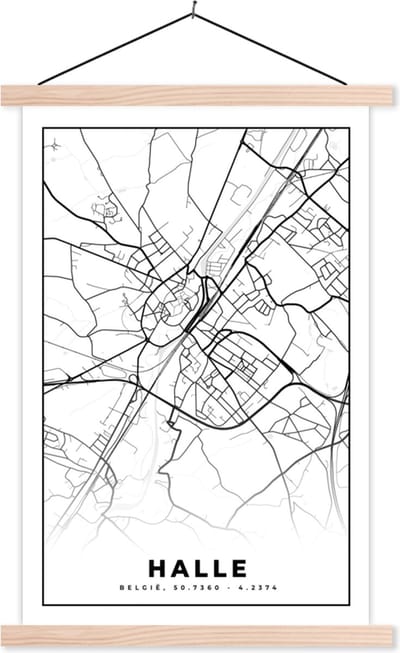 Posterhanger incl. Poster 40x60 cm - Schoolplaat - Stadskaart – Plattegrond – België – Zwart Wit – Halle – Kaart - Textielposter - Blanke latten - Stadskaart