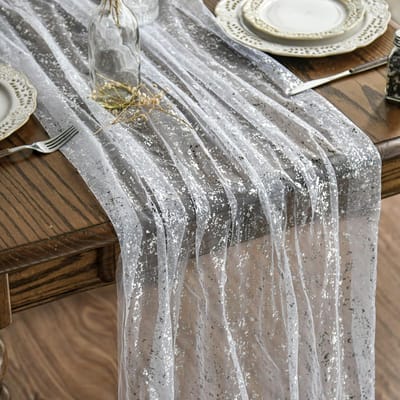 Mode Tafelloper van gaas, wit, zilver, 70 x 300 cm, glitter metallic folie, pure kaasdoek, keuken, eettafel, decoratie voor thuisfeest