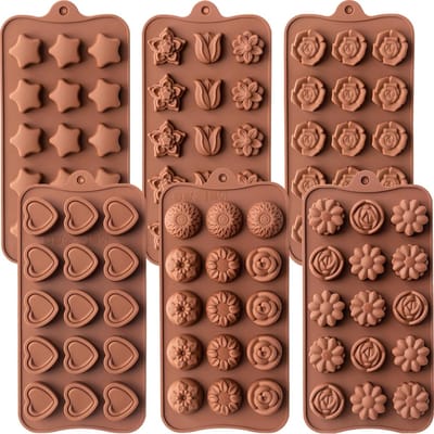 KZQ Set van 6 siliconen chocoladevormen - Snoepvormen - Voedselveilige antiaanbakvormen - Geschikt voor het maken van chocolade, snoep, gelei, boter, enz. - Bloemvormen