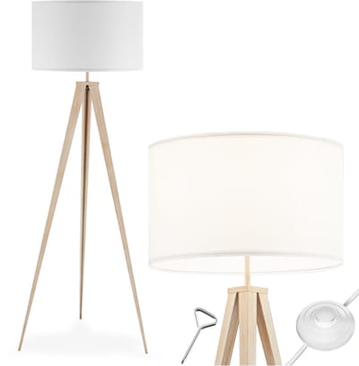 tectake® Vloerlamp - Staande lamp 3-poot - 158 cm hoog - Linnenlook kap - Voetschakelaar - Eiken/wit