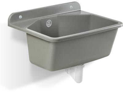 gospo Gootsteen met sifon, 46 x 37 x 20 cm, wastafel van kunststof, wastafel voor garage, kelder, bijkeuken, werkplaats, wandmontage, in plaat, spoelbak incl. accessoires (grijs)
