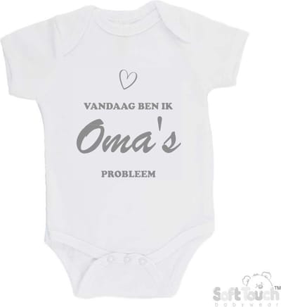 100% katoenen Romper "Vandaag ben ik oma's probleem" Unisex Katoen Wit/grijs Maat 56/62