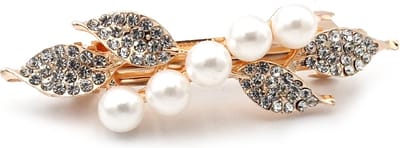 Grote rose-gold kleurige haarspeld met blaadjes naturel strass en witte parels- 7 cm
