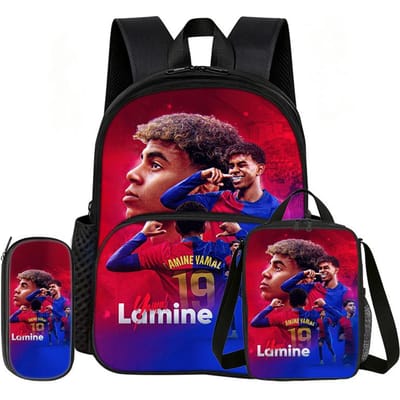 Leer, Reis Voetbalster Schooltas L-Lamin Yamal 3 Delige set met Voorvak Rugzak Lunchtas, Etui, Sport Rugzak red