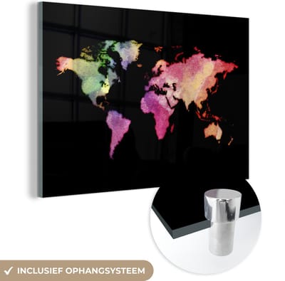 ® Glasschilderij 120x80 cm - Schilderij acrylglas - Wereldkaart - Regenboog - Waterverf - Foto op glas - Muurdecoratie woonkamer - Wanddecoratie slaapkamer - Schilderijen