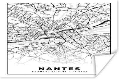 Poster Stadskaart - Plattegrond - Nantes - Kaart - Frankrijk - Zwart wit - 180x120 cm XXL