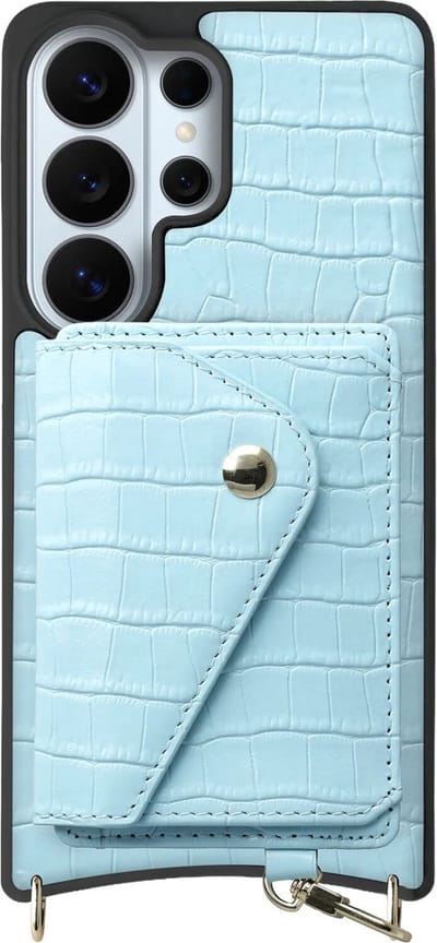 AVY Leren Hoesje Geschikt voor Samsung Galaxy S26 Ultra | Met Magnetische Kaarthouder | Compatibel met MagSafe | Leather Case met Wallet | Croco Blauw