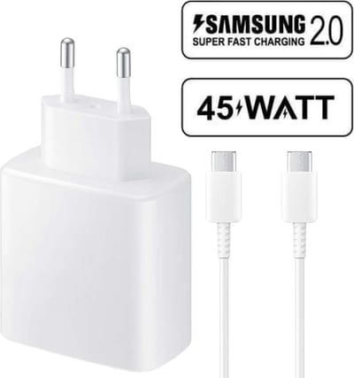Usb-C Oplaadstekker + usb-C naar usb-C Oplader - 45w - Super Fast Charging - Universele Thuislader - Usb-C - Adapter voor S24,S23,Note,S22, S21, S20, Tablet S7, Tablet S8