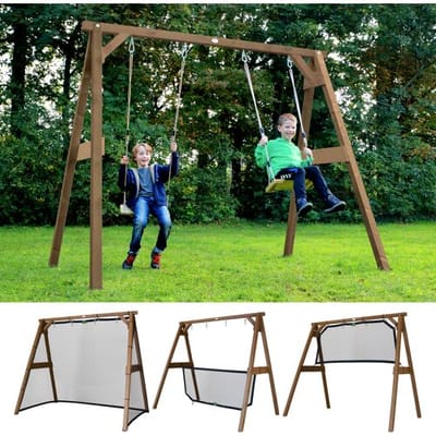 AXI 4-in-1 SportsFun in Bruin - 4-in-1 Frame voor schommel, voetbal, volleybal en tennis - Schommelframe met net voor diverse sporten - FSC hout