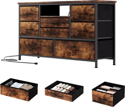 Ladekast met 8 Lades - Dressoir met Laadstation - Metalen Frame & Stoffen Lades - Slaapkamer & TV-Meubel - Bruin