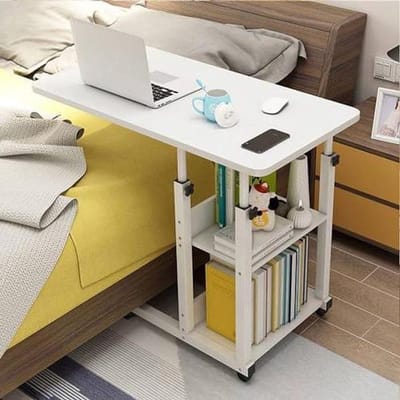 Bijzettafel met wielen - Bedtafel Roltafel - Eten en Werken - In hoogte verstelbaar - 66.8-82.7 cm - Warm wit