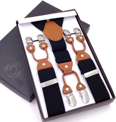 Sorprese - Luxe Chique Bretels - Zwart - Cognac Leer - 6 Stevige Clips - Bretels Heren Volwassenen - Inclusief Cadeaudoos