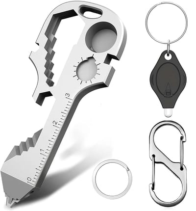 24-in-1 Klein Multitool Survival Sleutelhanger met Dubbelzijdig Karabijnhaak en Mini Zaklamp - Gereedschap voor Fietsreparatie met Carabiner, Bieropener, Sleutelring - Fiets Accessoires reparatieset - Keychain Gadget - Multi Tool Flesopener - Zilver