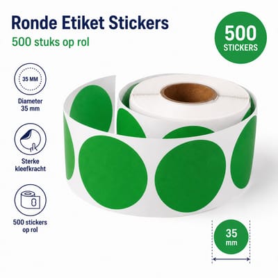 500 Etiketten Rond Groen Stickers 35 mm op Rol - Label Blanco Stickers Gekleurd - Sluitzegel - Dappaz