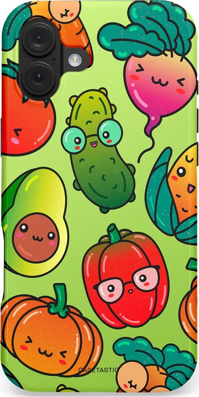 Casetastic hoesje geschikt voor Apple iPhone 16 Plus - MagSafe - Dubbellaagse bescherming - Cartoon Groente Mix - Fashion Case - Olijfgroen Goud Oranje Rood