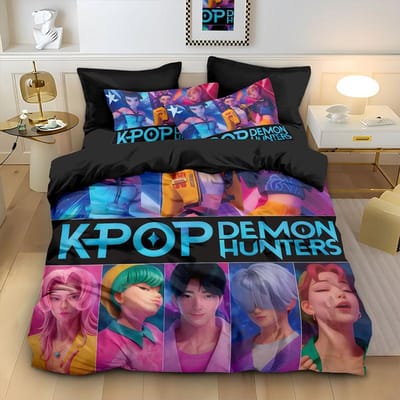 K-Pop Beddengoed Set Demon Hunters Thema Roze Of Zwart Andere Kant Print Polyester Studentenkamer Dekbedovertrek Jongens Meisjes Cadeau US Twin(172*218cm)3pcs