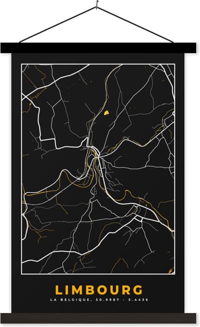 Posterhanger incl. Poster 40x60 cm - Schoolplaat - Limburg - Kaart - Goud - Stadskaart - Plattegrond - Textielposter - Zwarte latten - Stadskaart