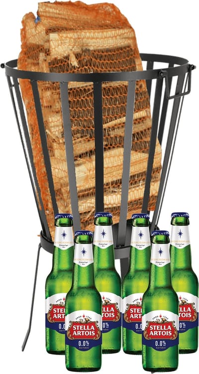 Stella Artois bierpakket 0.0%. Alcoholvrij bier met vuurkorf en brandhout. Een warm cadeau!