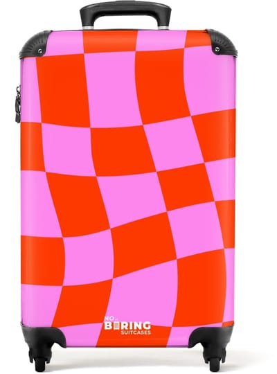NoBoringSuitcases.com - Koffer dames - Golvend dambordpatroon in rood en roze - Past binnen 55x40x20 cm en 55x35x25 cm - Trolley handbagage vrouwen - Valiezen met wieltjes volwassenen - Reiskoffer op wielen - Rolkoffer lichtgewicht