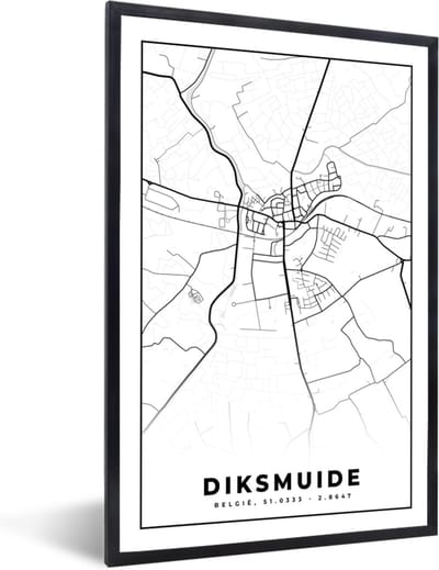 Fotolijst incl. Poster Zwart Wit- België – Diksmuide – Stadskaart – Kaart – Zwart Wit – Plattegrond - 40x60 cm - Posterlijst