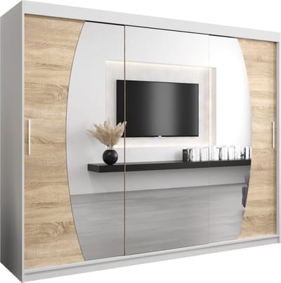 InspireMe - Kledingkast met 3 schuifdeuren, Modern-stijl, Een kledingkast met planken en een spiegel (BxHxD): 250x200x62 - GLOBE 250 Wit Mat + Sonoma Eik