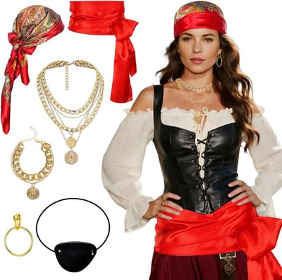 Piratenkostuum voor Dames met Accessoires, Hoofddoek en Middeleeuwse Stijl voor Halloween en Carnaval, Perfect voor Cosplay Feesten