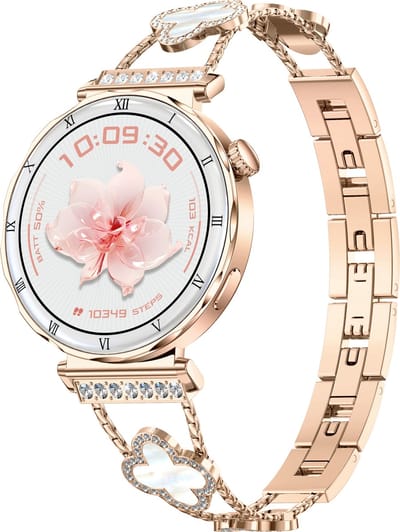 Knobbout Luxe 1.19" Scherm AMOLED Dames Smartwatch – Bluetooth Bellen – Hartslag-, Bloeddruk- & Zuurstofmeting – Slaapmonitor – Ademhalingstraining – Menstruatiecyclus – AI-Spraakassistent – IP67 Waterdicht – Rosegouden Stalen Band