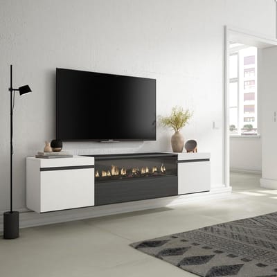 TV-meubel met elektrische haard – Urbanhome NovaFlame Slim – 200 cm – Hangend lowboard – Voor tv’s tot 80 inch – Modern design – Zwart en wit – 3D LED vlammen