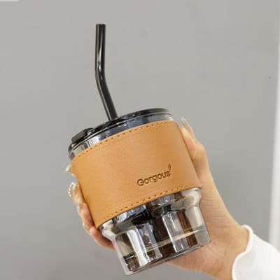 Ins Stijl Koffiekop Glas Mok Bekers met Deksel en Rietjes Lekvrij Kawaii Beker Mooie Thee Mokken Lederen Bekerhoes Servies beige