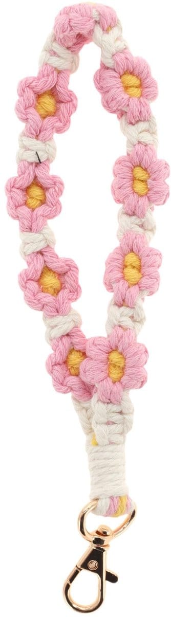 Dailygoods- Sleutelhanger Boheemse stijl - Macramé sleutelhanger - Bloemenpatronen - Duurzame haaksluiting - Roze katoenen draden - Handgemaakt met liefde - Sleutelring