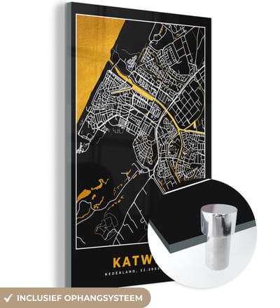 MuchoWow® Glasschilderij 40x60 cm - Schilderij acrylglas - Plattegrond - Katwijk - Goud - Zwart - Foto op glas - Schilderijen - Stadskaart